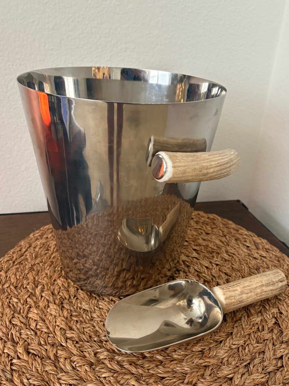 Handsome Stainless Ice Bucket with Antler Handles & Scooper